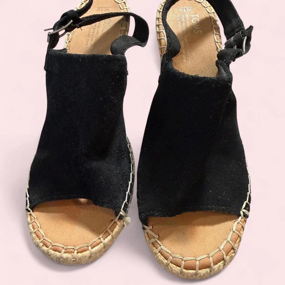TOMS Black Suede Wedge Espadrille Sandals Women 10 Slingback Peep Toe Jute